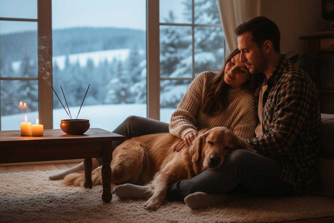 Was die Box besonders macht – Ein Blick in das Ritual - Canis RitualisEin Pärchen mit ihrem Hund gemütlich auf dem Boden sitzend. Auf einem kleinen Tisch brennt ein Räucherstäbchen während im Hintergrund aus dem Fenster eine Winterlandschaft zu sehen ist.