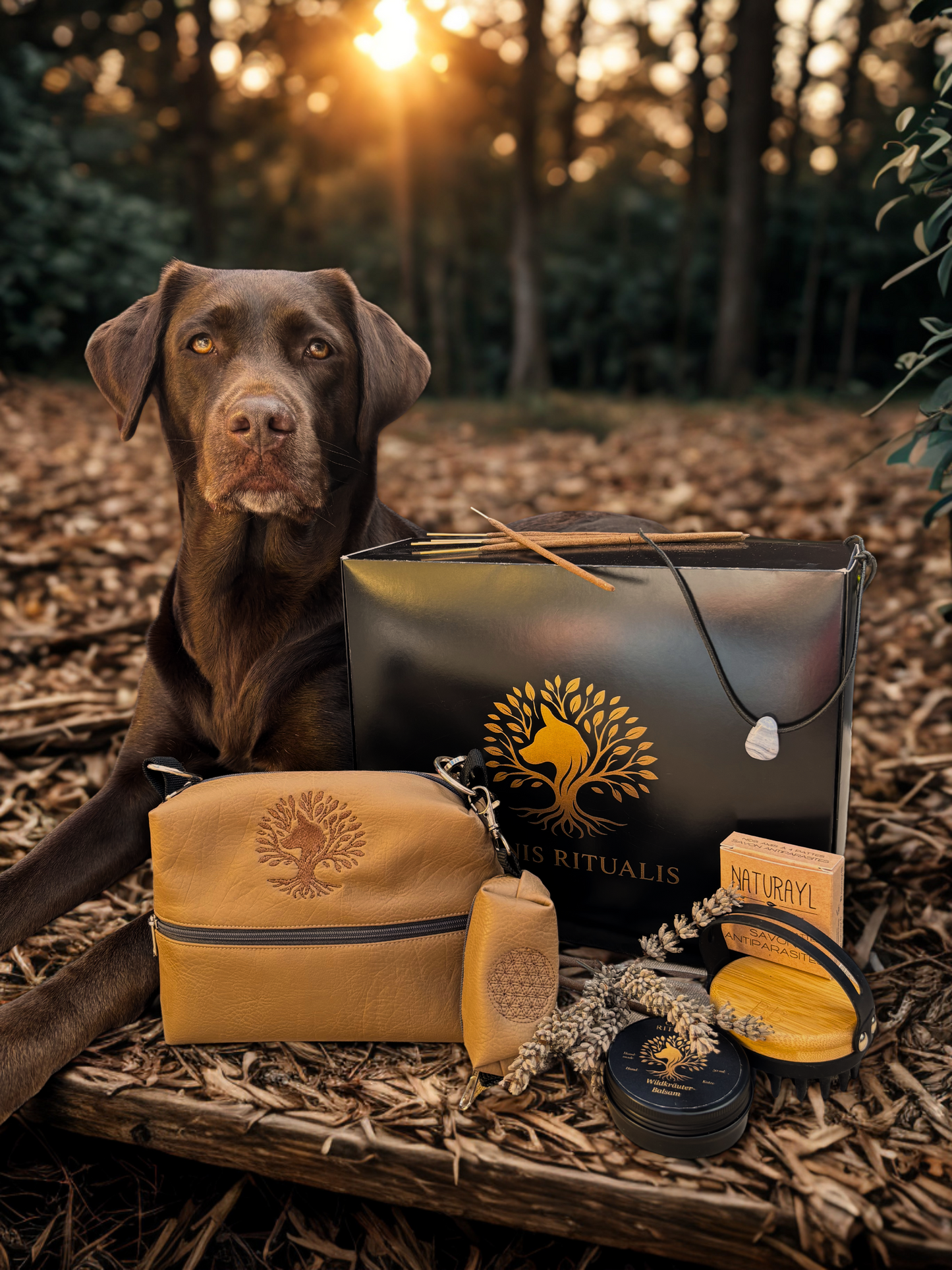 Mila der braune Labrador sitzt im herbstlichen Wald neben einer stilvollen Produktpräsentation der Marke Canis Ritualis. Zu sehen sind eine handgenähte Leckerlitasche mit passendem Kotbeutelspender, eine elegante schwarze Geschenktasche mit goldfarbenem Logo, eine Dose Pfotensalbe, eine Massagebürste, eine Naturseife von "Naturayl" sowie Räucherstäbchen – alle liebevoll auf Naturmaterialien arrangiert. Die Szene ist warm beleuchtet vom goldenen Sonnenuntergang im Hintergrund.