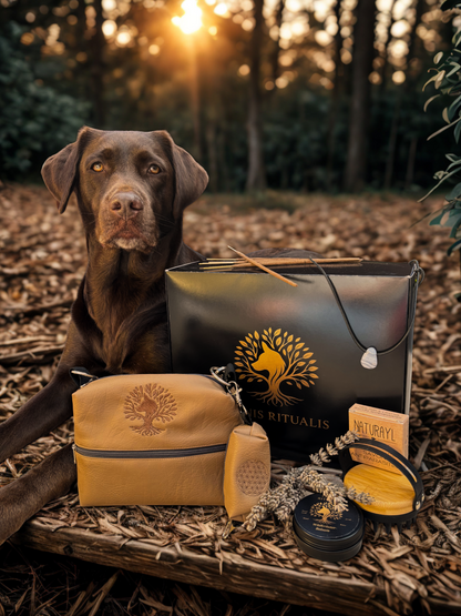 Mila der braune Labrador sitzt im herbstlichen Wald neben einer stilvollen Produktpräsentation der Marke Canis Ritualis. Zu sehen sind eine handgenähte Leckerlitasche mit passendem Kotbeutelspender, eine elegante schwarze Geschenktasche mit goldfarbenem Logo, eine Dose Pfotensalbe, eine Massagebürste, eine Naturseife von "Naturayl" sowie Räucherstäbchen – alle liebevoll auf Naturmaterialien arrangiert. Die Szene ist warm beleuchtet vom goldenen Sonnenuntergang im Hintergrund.