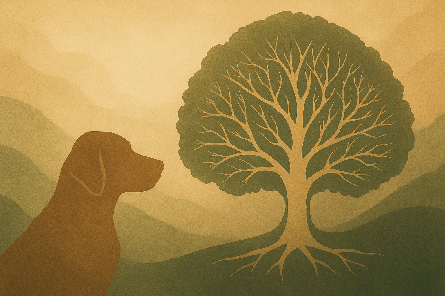 Illustration eines Hundes, der in einer sanften, naturfarbenen Landschaft einen stilisierten Lebensbaum betrachtet – Symbol für Verbundenheit und Achtsamkeit.