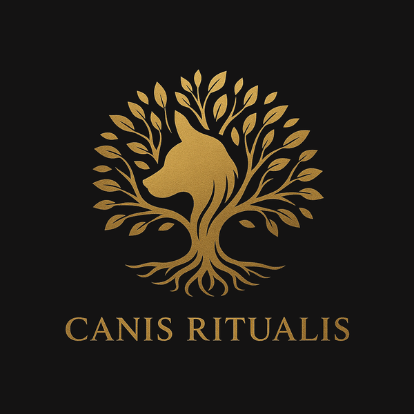 Goldfarbenes Canis-Ritualis-Logo mit Hundekopf und Baumstruktur auf schwarzem Hintergrund – minimalistisches Markenmotiv für die Hauptdarstellung.
